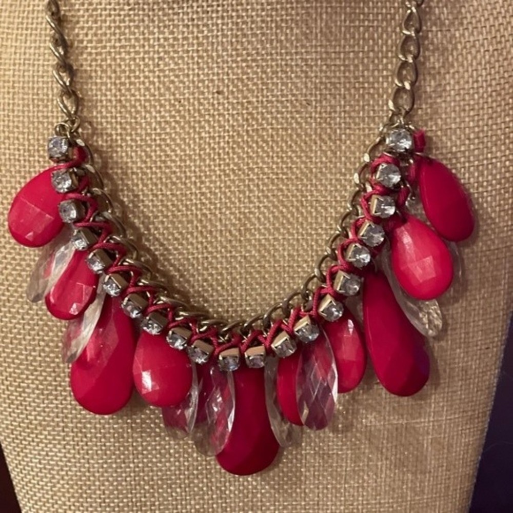 Red Teardrop Rhinestone Statement Necklace # 208 - Picture 2 of 4